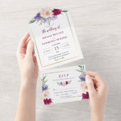 Bourgondië & Navy Blauw Blush Pioen Bloemen Bruilo All In One Uitnodiging (Afscheurbaar)