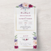 Bourgondië & Navy Blauw Blush Pioen Bloemen Bruilo All In One Uitnodiging (Binnen)