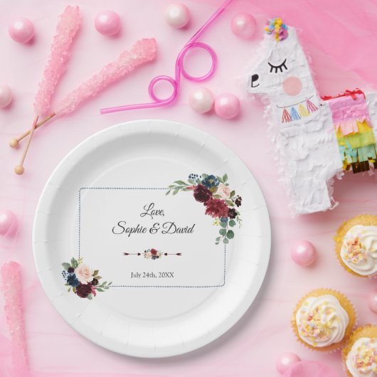 Bourgondië Navy Blauwe Bloemige Gestippelde Frame  Papieren Bordje (Feest)