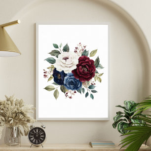 Bourgondië Navy Blue Maroon White Floral Bouquet Poster