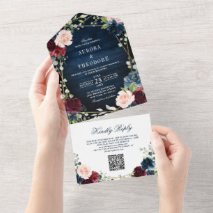 Bourgondië Navy Blush Geometrische QR Code Wedding All In One Uitnodiging