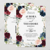 Bourgondië Navy Blush Goud Geometrische QR Code Hu Kaart (Voorkant / Achterkant)