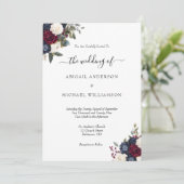 Bourgondië Navy Floral Elegant Formal Script Weddi Kaart (Staand voorkant)