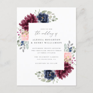 Bourgondië & Navy Waterverf Bloemen Hoeken Trouwen Uitnodiging Briefkaart