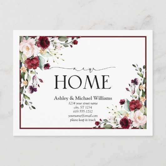 Bourgondië Nieuwe Home Script Verhuisaankondiging Aankondigingskaart (Voorkant)