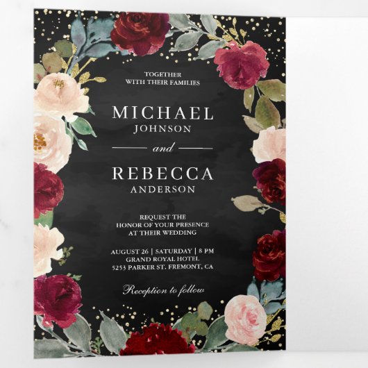 Bourgondië Perzik Bloem QR Code Zwarte Trouwdag Drieluik Uitnodiging (Binnenzijde eerst)