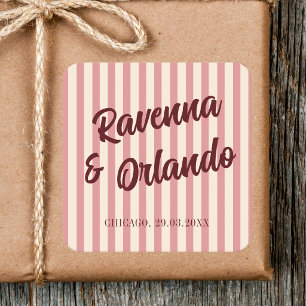 Bourgondië Retro Blush Roze Strepen Bruiloft Vierkante Sticker