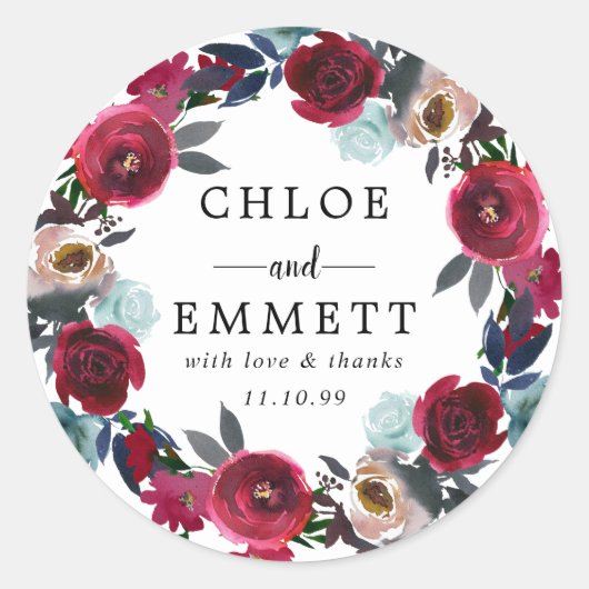 Bourgondië rood bloemenbruiloft dank u gunst zegel (Voorkant)
