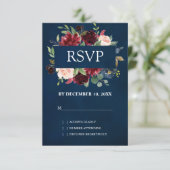 Bourgondië Rood Marine Bloem Boho Bruiloft RSVP (Staand voorkant)