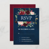 Bourgondië Rood Marine Bloem Boho Bruiloft RSVP (Voorkant / Achterkant)