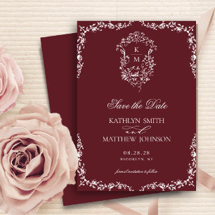 Bourgondië rood monogram bloemige  kuif bruiloft save the date