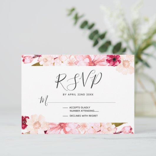 Bourgondië & Roze Bloemen Bruiloft RSVP Reactie (Staand voorkant)