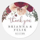 Bourgondië roze bloemen dank u bruiloft gunst ronde sticker (Voorkant)