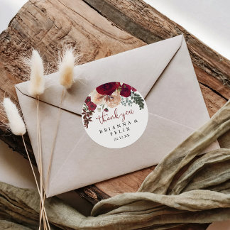 Bourgondië roze bloemen dank u bruiloft gunst ronde sticker