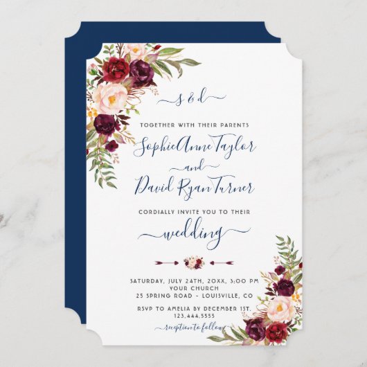 Bourgondië Roze Bloemen Marine Blauwe Kalligrafie Kaart (Voorkant / Achterkant)