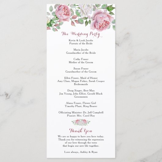 Bourgondië roze chique Roos bloemenbruiloft progra Programma (Achterkant)