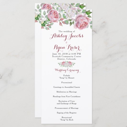 Bourgondië roze chique Roos bloemenbruiloft progra Programma (Voorkant / Achterkant)