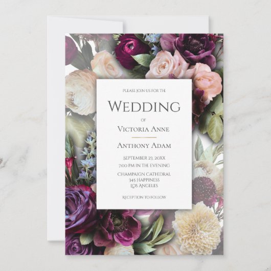 Bourgondië roze elegante bloemenbruiloft kaart (Voorkant)