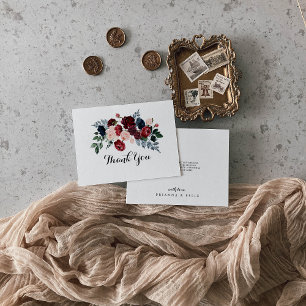 Bourgondië roze marine bloemen plat bruiloft bedankkaart