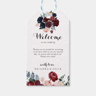 Bourgondië roze marine bloemenbruiloft welkom cadeaulabel