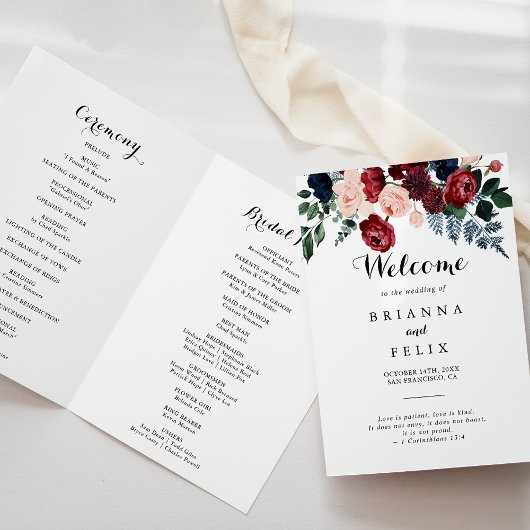 Bourgondië roze marine bloemengevouwen bruiloft programma