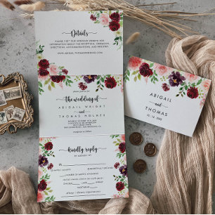 Bourgondië Roze Paarse lente Bloemen bruiloft van Drieluik Uitnodiging