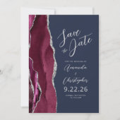 Bourgondië Silver Agate Script Navy Save the Date Aankondiging (Voorkant)