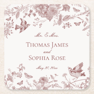 Bourgondië Toile de Jouy  Bloemen Huwelijk Vierkante Kartonnen Onderzetter