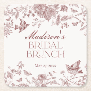 Bourgondië Toile Jouy  Bloemen Bruids Brunch Vierkante Kartonnen Onderzetter