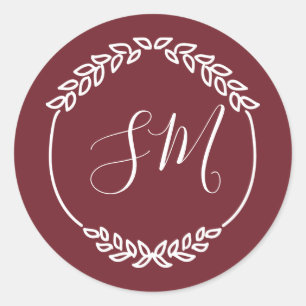 Bourgondië wit blad krans monogram bruiloft ronde sticker