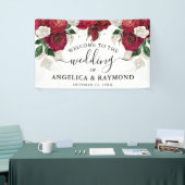 Bourgondië & Wit Bloemen Elegant Bruiloft Welkom Spandoek (Beurs)