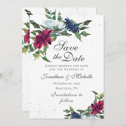 Bourgondië Witte Blauwe Elegante Bloem Bruiloft Save The Date (Voorkant / Achterkant)