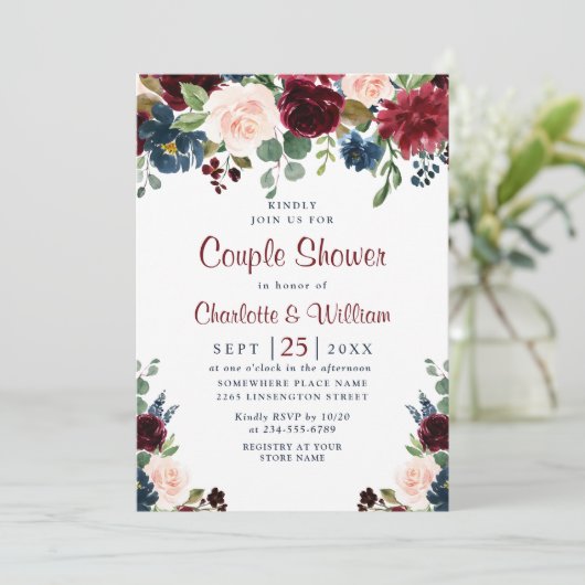 Bourgondiend Navy Blauw Blush Bloemen KOPPEL SHOWE Kaart (Staand voorkant)