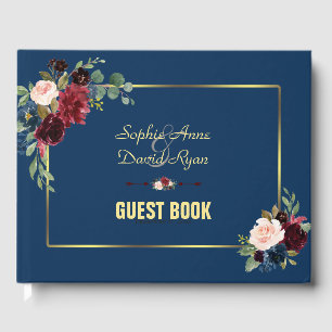Bourgondiend Navyblauw Bloemmotief Gouden Lijst Br Gastenboek