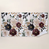 Bourgondiër Crème Zwart Bloemmotief Strandlaken (Voorkant)