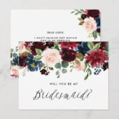 Bourgondiër en Blauwe Bloemenslingers Wees Mijn Br Uitnodiging Briefkaart (Voorkant / Achterkant)