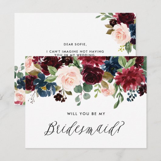Bourgondiër en Blauwe Bloemenslingers Wees Mijn Br Uitnodiging Briefkaart (Voorkant / Achterkant)