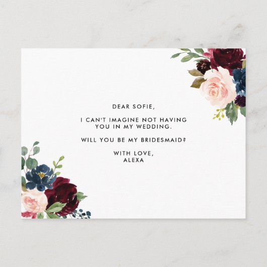 Bourgondiër en Blauwe Bloemenslingers Wees Mijn Br Uitnodiging Briefkaart (Achterkant)