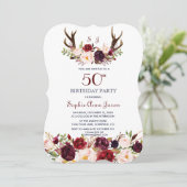 Bourgondiër Marsala Bloem Hoorns 50ste Verjaardag Kaart (Staand voorkant)