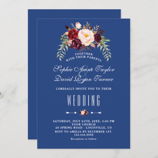 Bourgondiër Marsala Bloem Navyblauw Bruiloft Kaart (Voorkant / Achterkant)