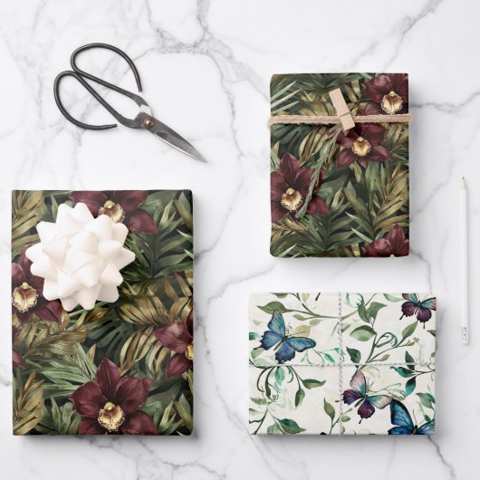 Bourgondiër Rode Orchidee Bloem Vlinder Bruiloft Inpakpapier Vel (Voorkant)