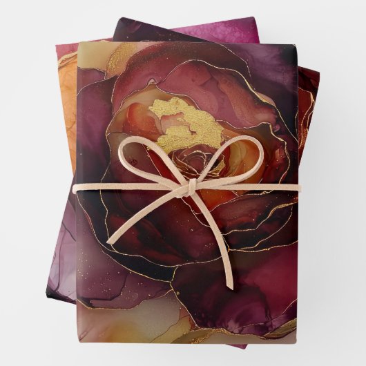 Bourgondiër Roze Gouden Roos Bloemige Bruiloft Inpakpapier Vel (In situ)