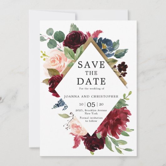 Bourgondierse Marsala Navy Blauwe Blos Roze Roos B Save The Date (Voorkant)