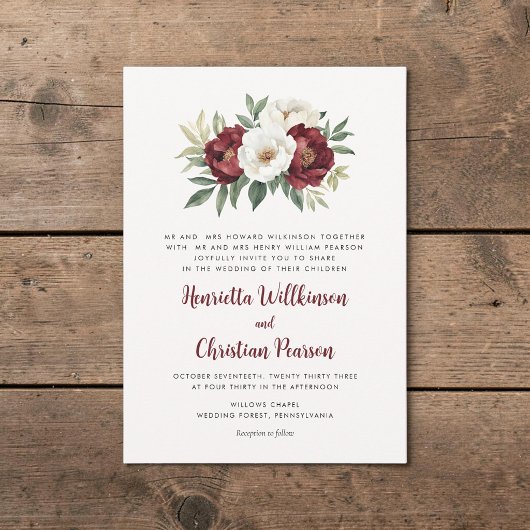 Bourgondisch bloemen bruiloftsinvitaties script