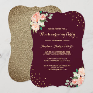 Bourgondisch Gouden Bloemconfetti Housewarming Fee Kaart