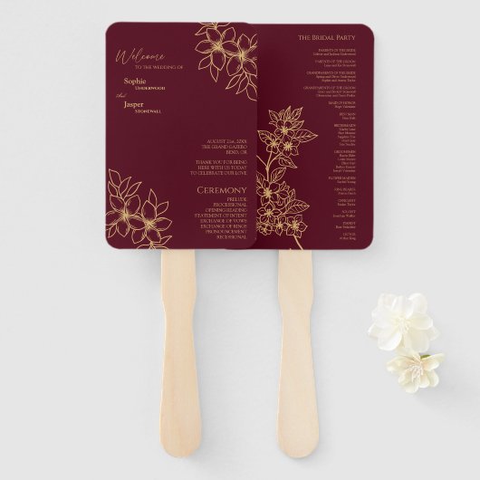 Bourgondisch Gouden Bloemen Bruidsprogramma waaier (Voorkant en achterkant)