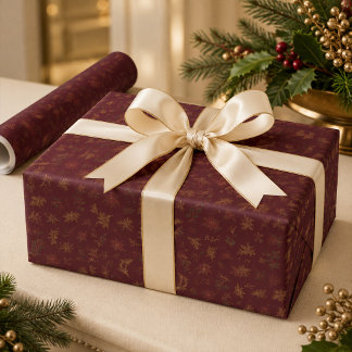 Bourgondisch gouden botanische kerstverpakkings pa cadeaupapier
