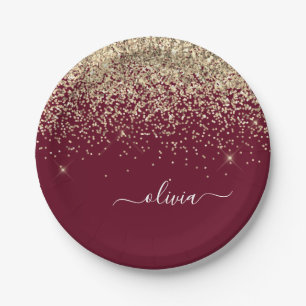 Bourgondisch Gouden Glitter Meisjes Monogram Glam Papieren Bordje