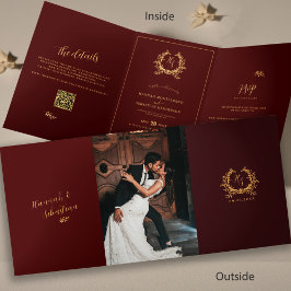 Bourgondisch Gouden Monogram Foto QR | RSVP Trouwe Drieluik Kaart