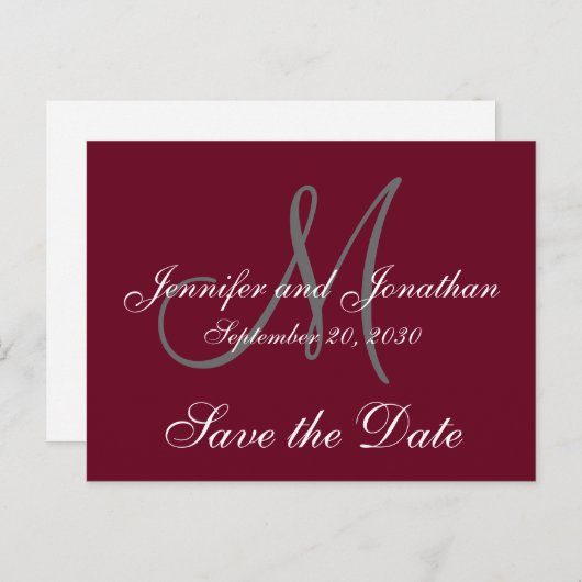 Bourgondisch Grijs Script Monogram Formeel Save th Aankondigingskaart (Voorkant / Achterkant)